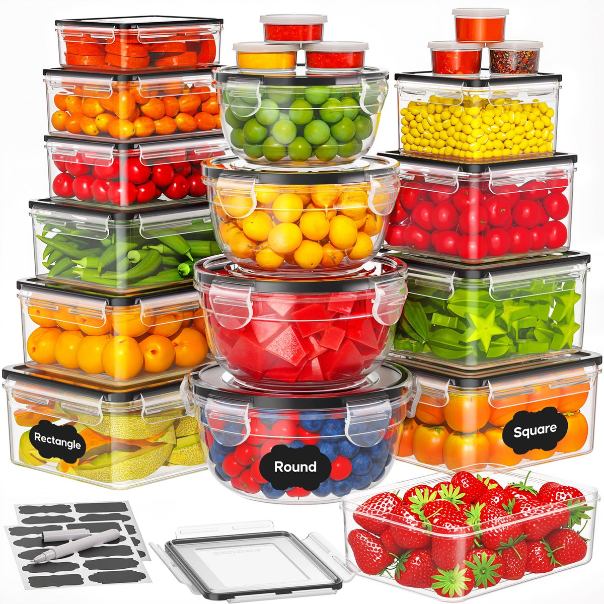 TOPCHASE 42pc set displayed for organized fridge storage and easy access.