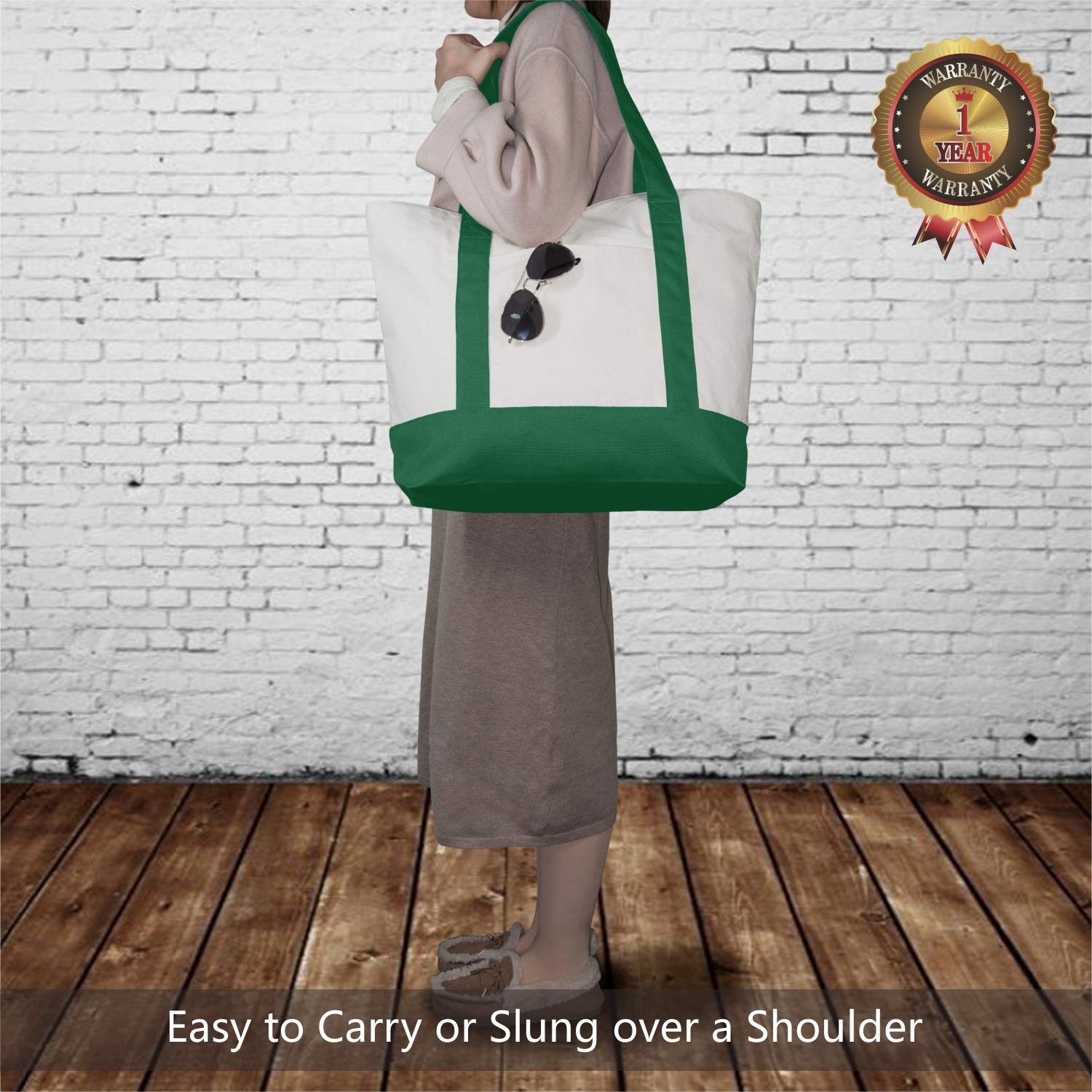 TOPDesign green tote with top zipper closure secures items during outings.