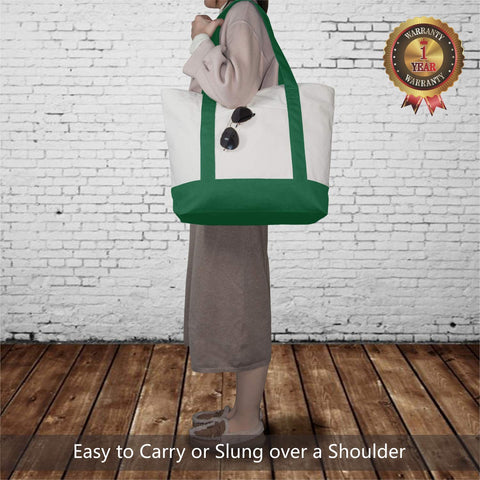 TOPDesign green tote with top zipper closure secures items during outings.