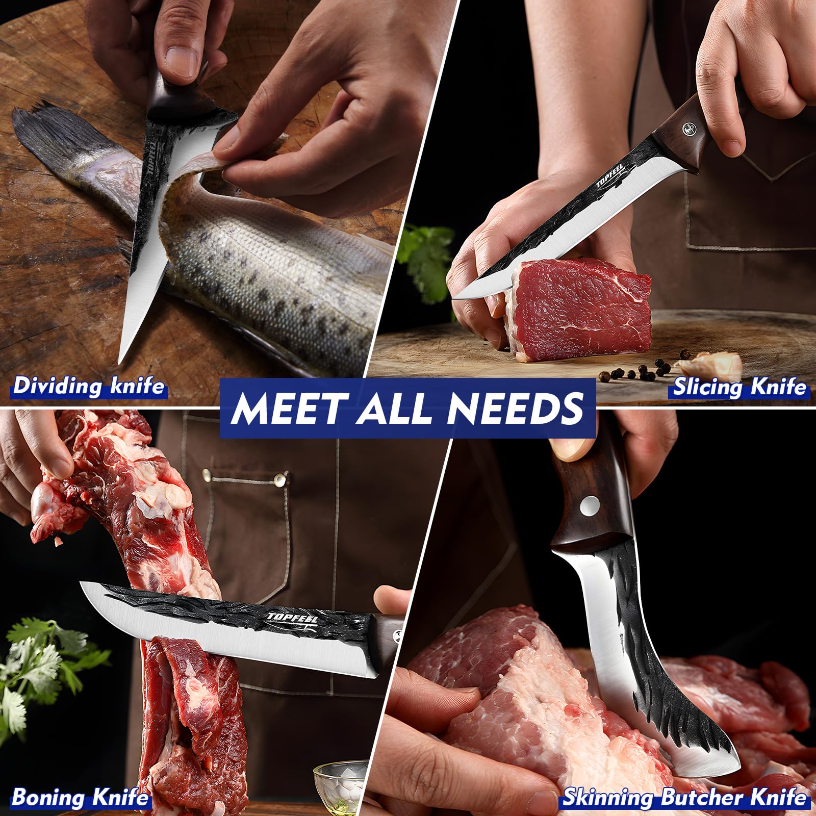 Topfeel full-tang knife with red sandalwood handle offers balanced grip.