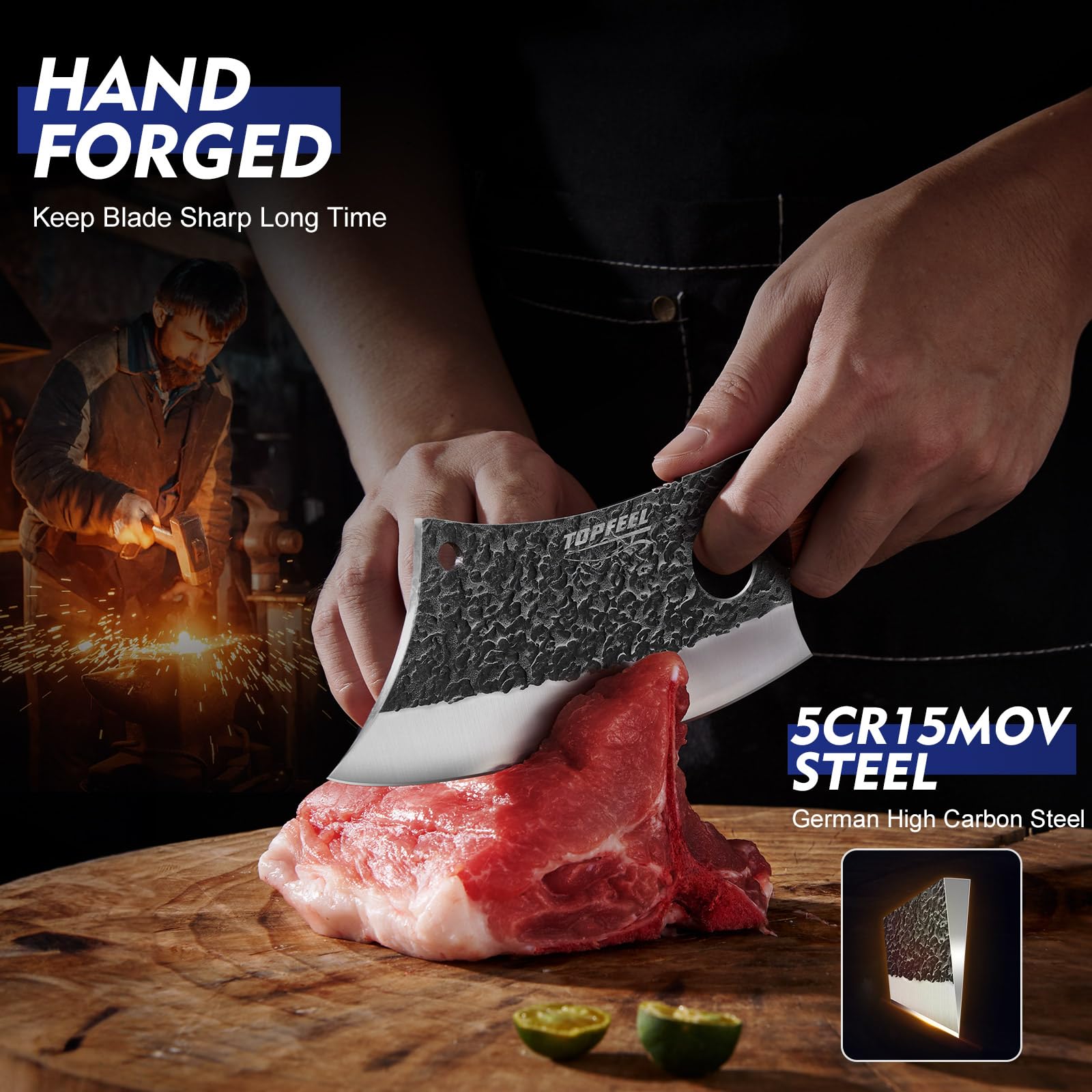Topfeel hand forged blade with hammer texture and anti stick edge