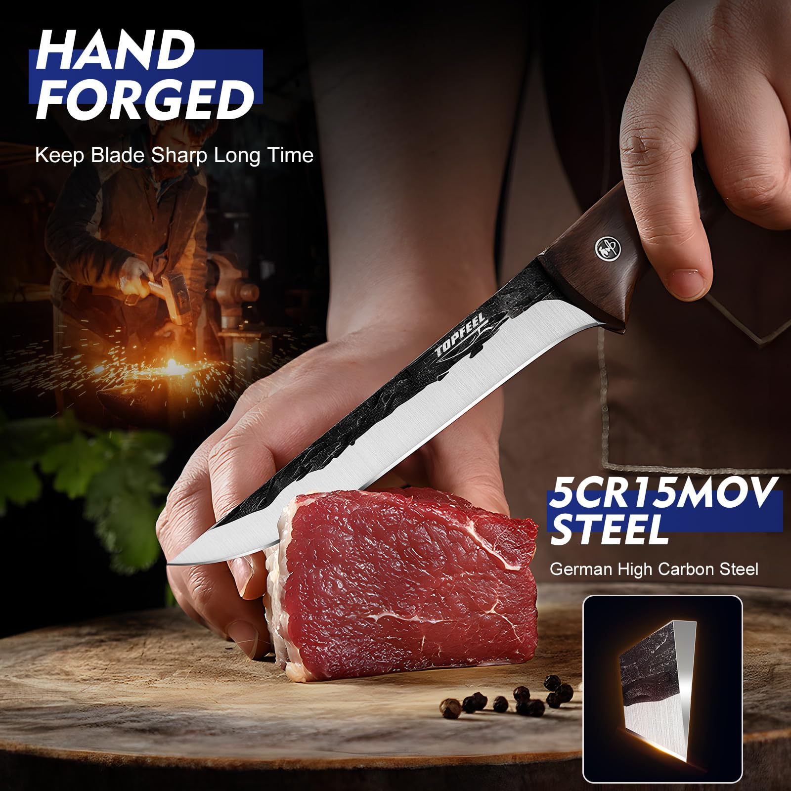 Topfeel hand-forged skinning knife for precise trimming of meat.