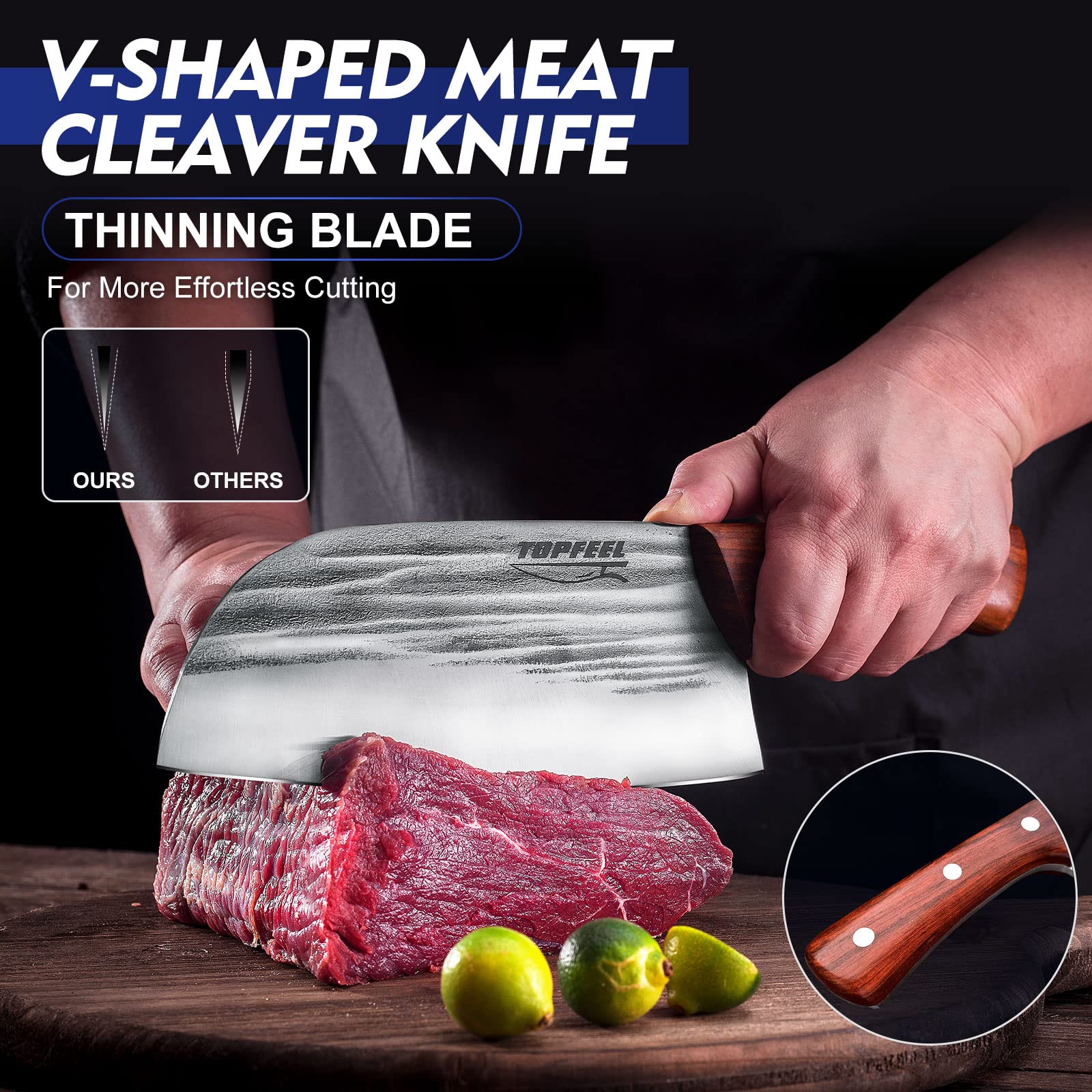Topfeel cleaver handle with rosewood grip for comfortable precise chopping.
