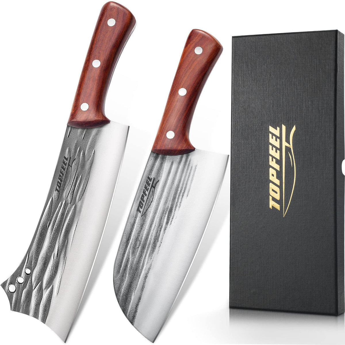 Topfeel meat cleaver set blade closeup showing sharp edge for easy slicing.
