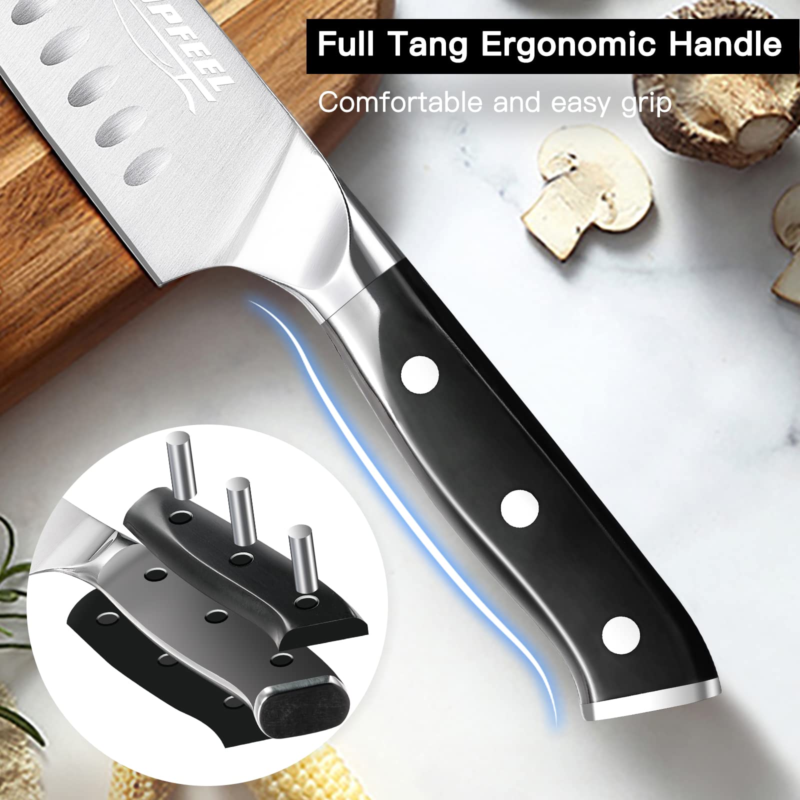 Topfeel full-tang ergonomic handle shown for comfortable grip