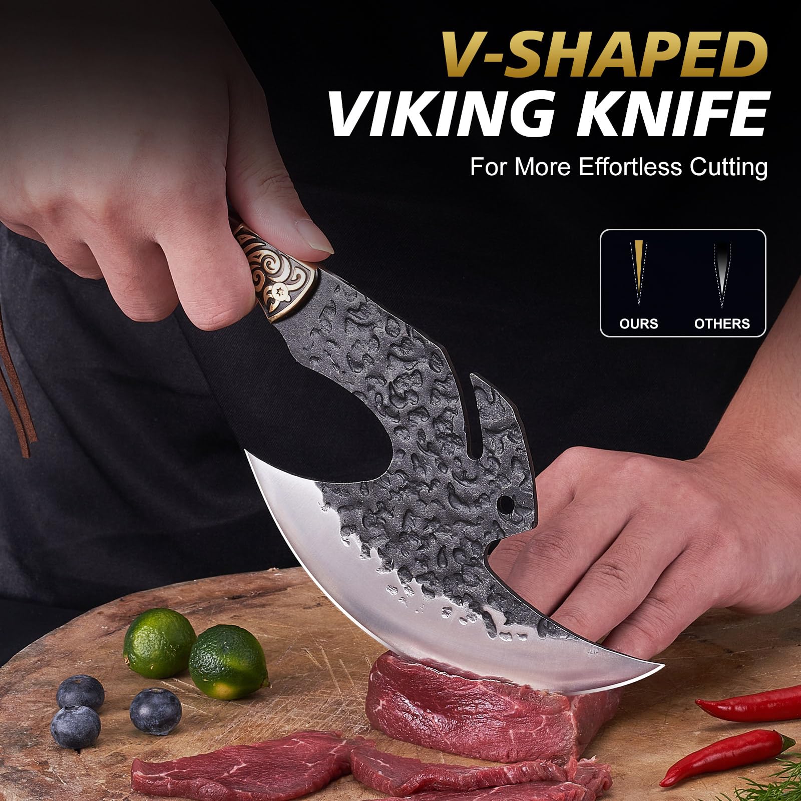 Topfeel Viking knife rosewood handle for comfortable grip during long prep.