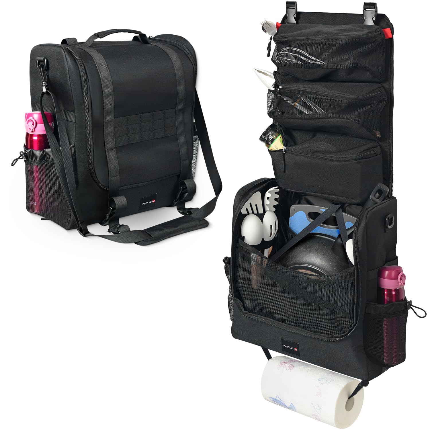 TOPJUM Camp Kitchen Organizer Bag showing full utensil capacity for camp meals