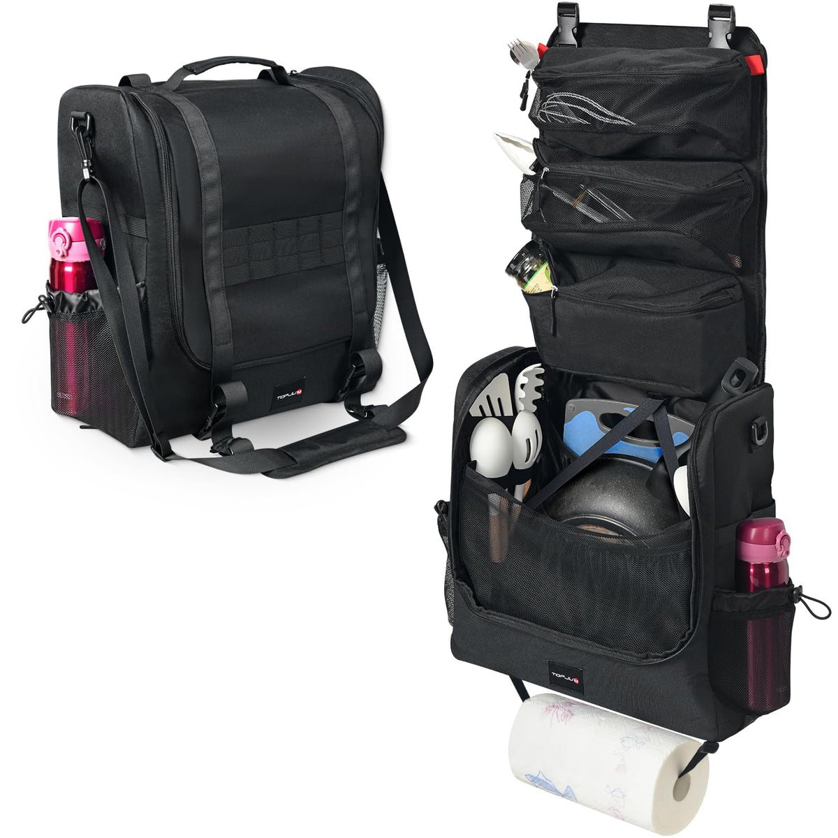 TOPJUM Camp Kitchen Organizer Bag showing full utensil capacity for camp meals