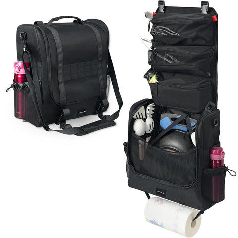 TOPJUM Camp Kitchen Organizer Bag showing full utensil capacity for camp meals