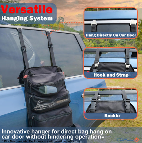 Ingenious hanging system on TOPJUM bag for car door or tailgate mounting