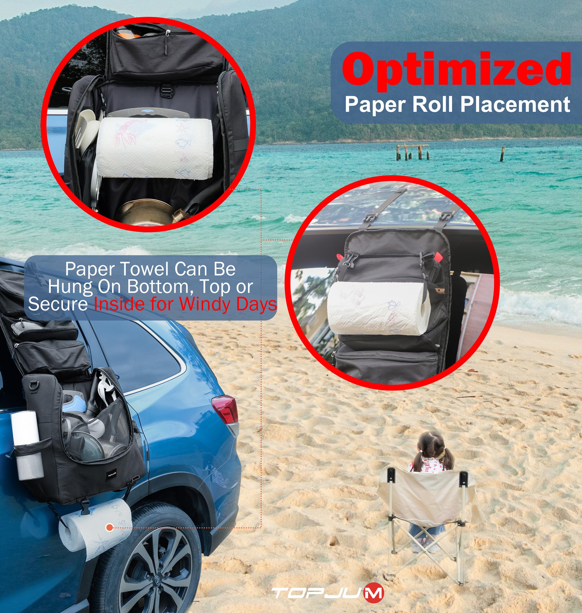 Two paper towel options on TOPJUM camp organizer to protect from wind