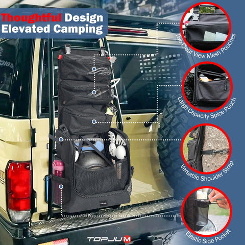 Expandable side pockets and front webbing on TOPJUM organizer