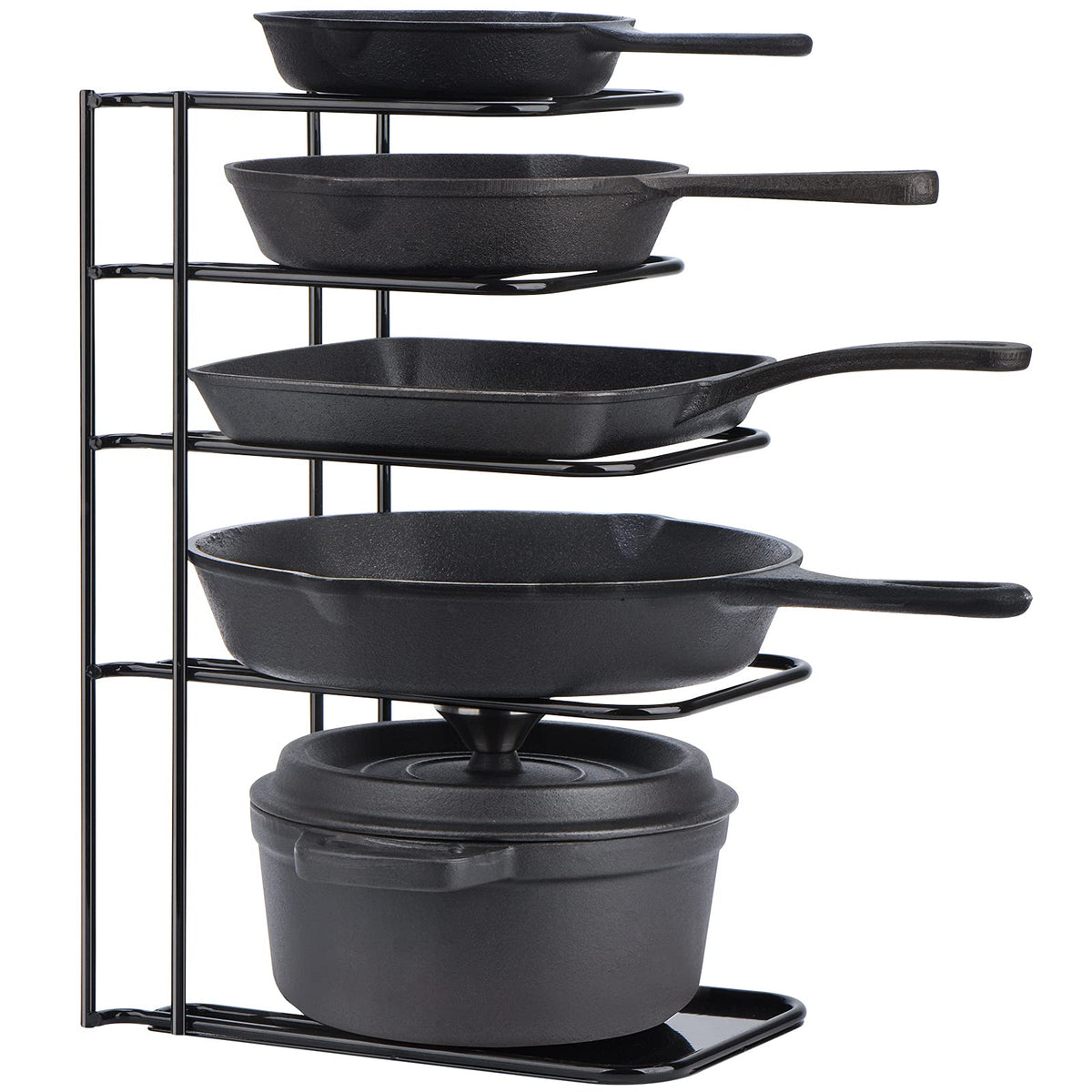 Toplife heavy-duty pan organizer front view showing secure holding of heavy pans