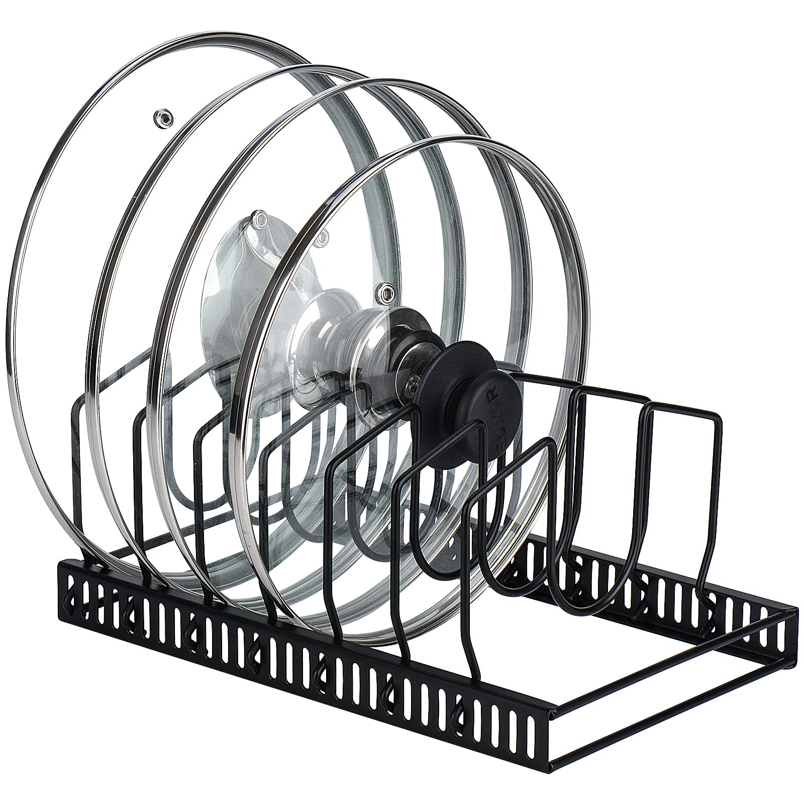 Toplife pot lids organizer rack in cabinet demonstrates space-saving organization for lids.