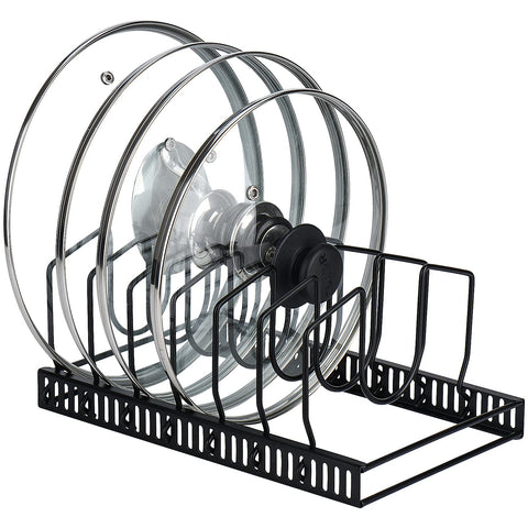 Toplife pot lids organizer rack in cabinet demonstrates space-saving organization for lids.