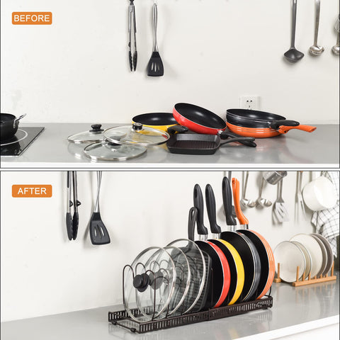Toplife rack fits cabinet shelves and countertops, reducing clutter while maximizing space.