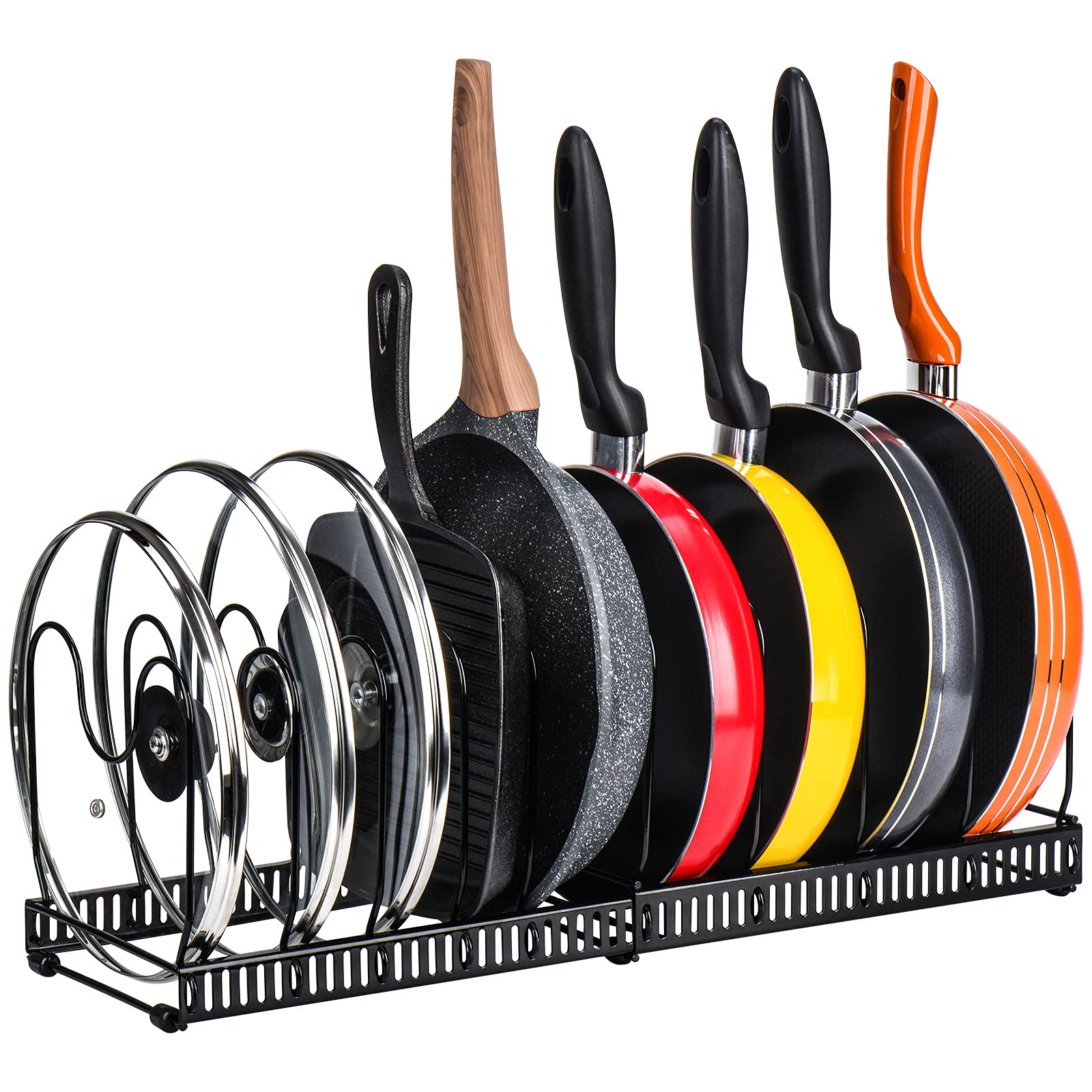 Toplife pots and pans organizer on a cabinet shelf holds lids and pans neatly.
