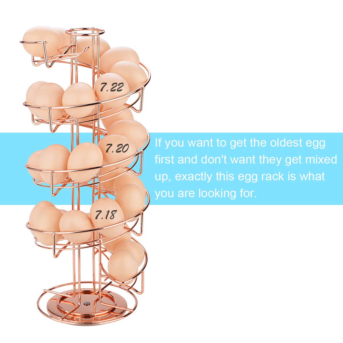 Toplife side-angle view of rose gold spiral egg dispenser