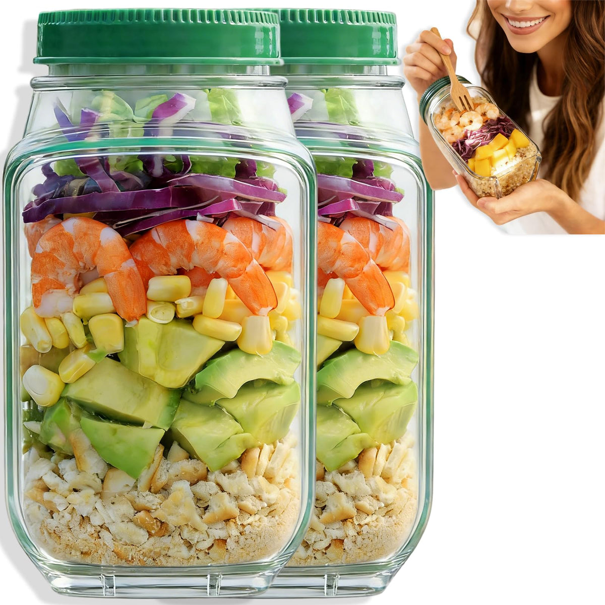 TOPMELON Original Salad Pod side-open jar keeps ingredients organized and fresh for easy lunch prep.