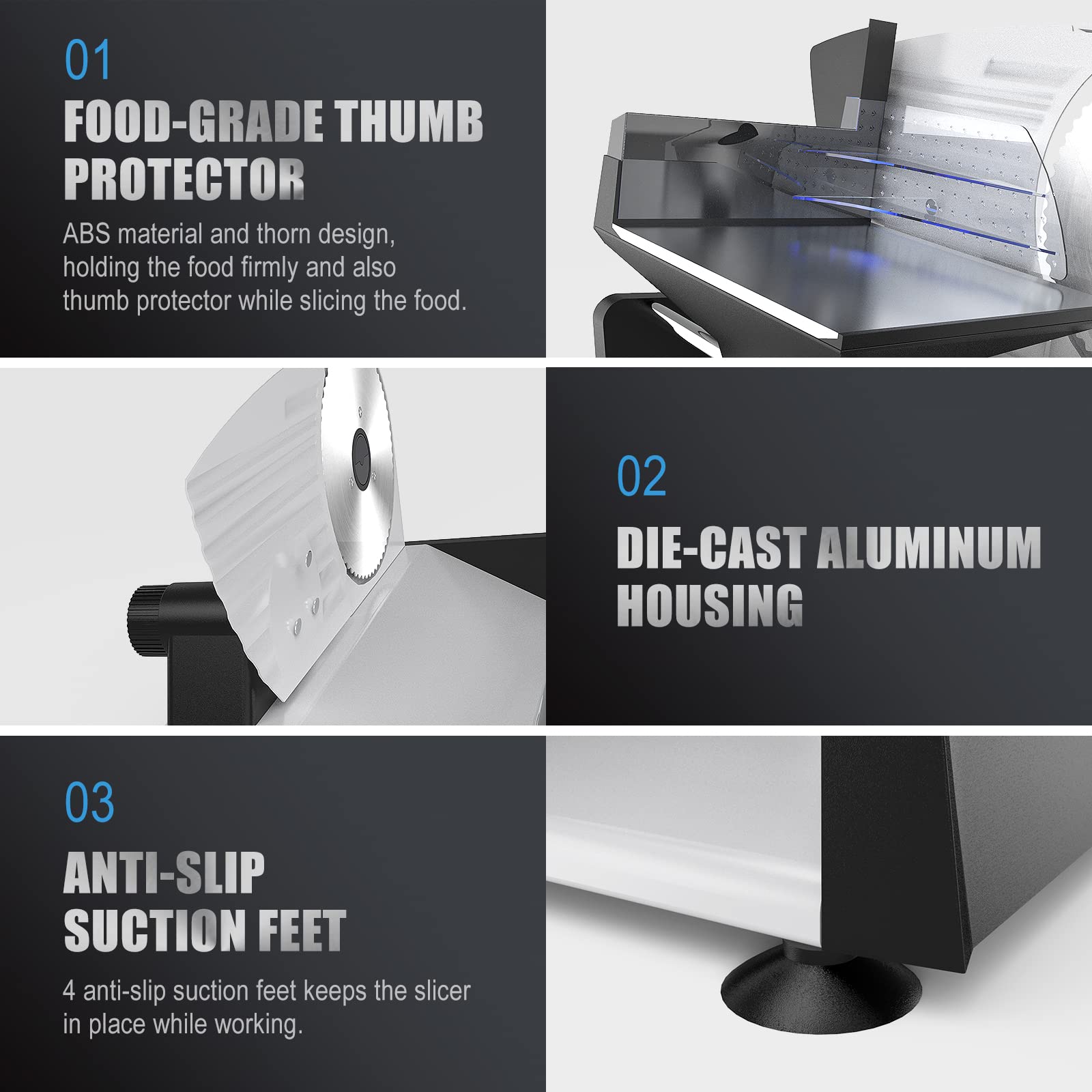 TopOTO adjustable thickness knob delivers precise cuts for meat, cheese, and veggies.