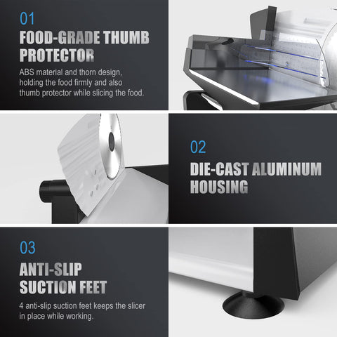 TopOTO adjustable thickness knob delivers precise cuts for meat, cheese, and veggies.