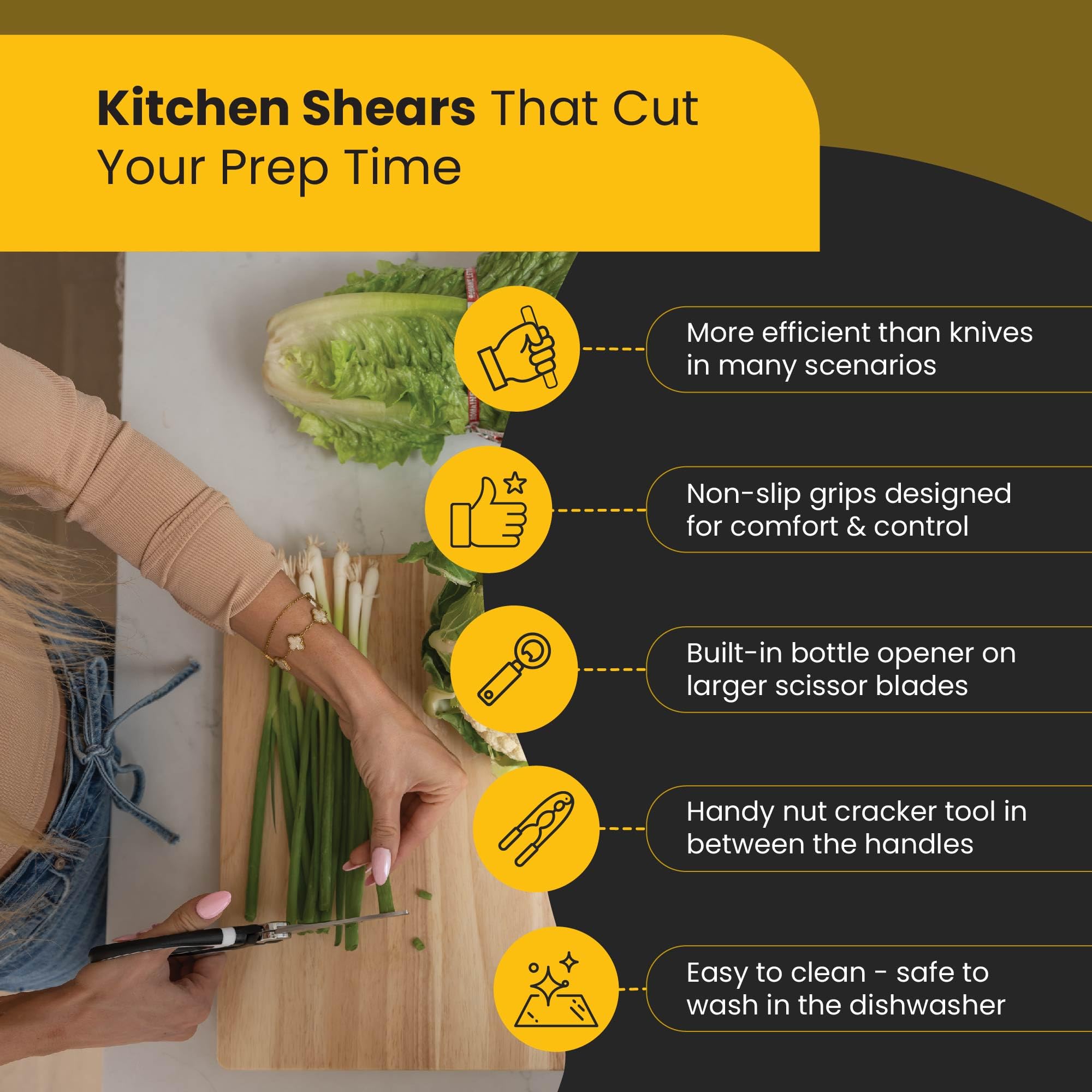 TopShelf Kitchenware built-in sharpener keeps blades razor-ready for quick touch-ups.