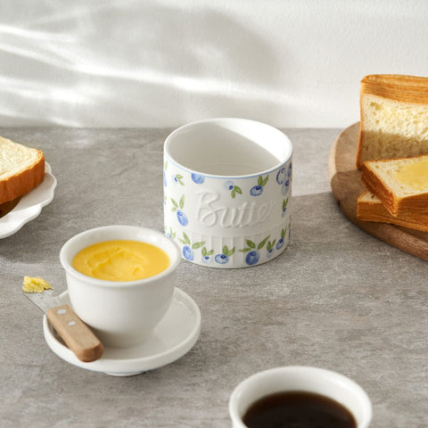 Toptier butter crock blueberry pattern adds decorative kitchen charm.