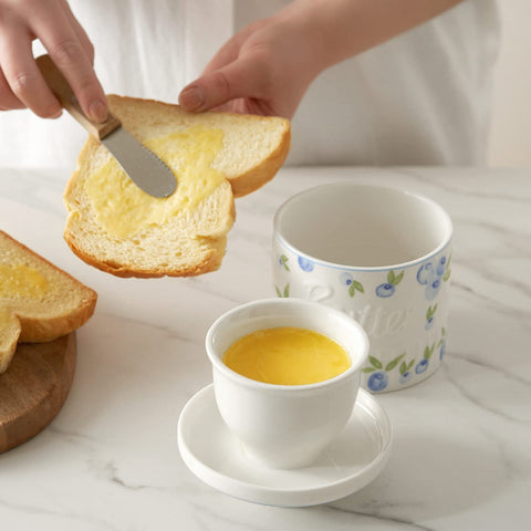Toptier butter crock easy-fill design minimizes air pockets when loading.