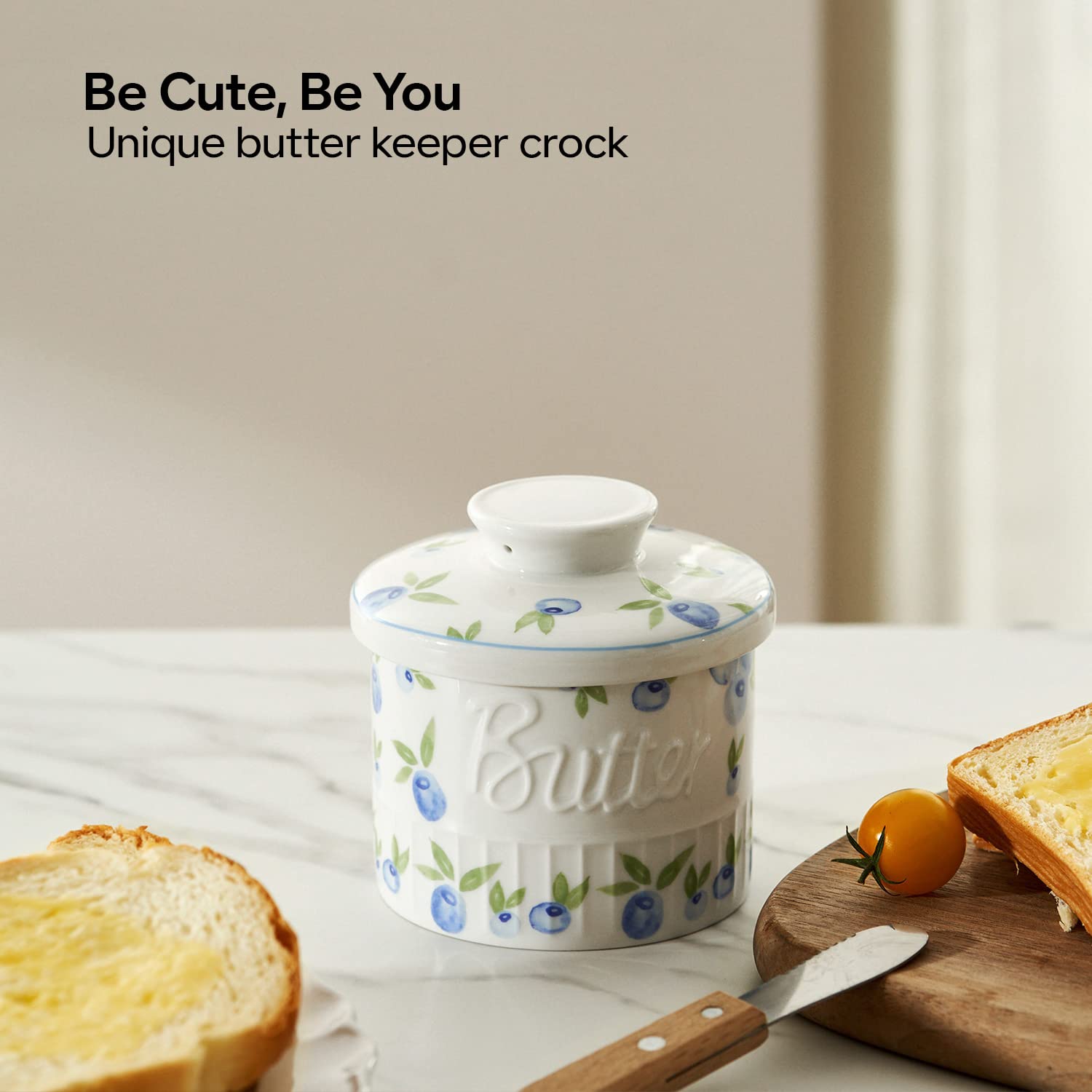 Toptier butter crock on counter showcases a stylish finish for daily use.