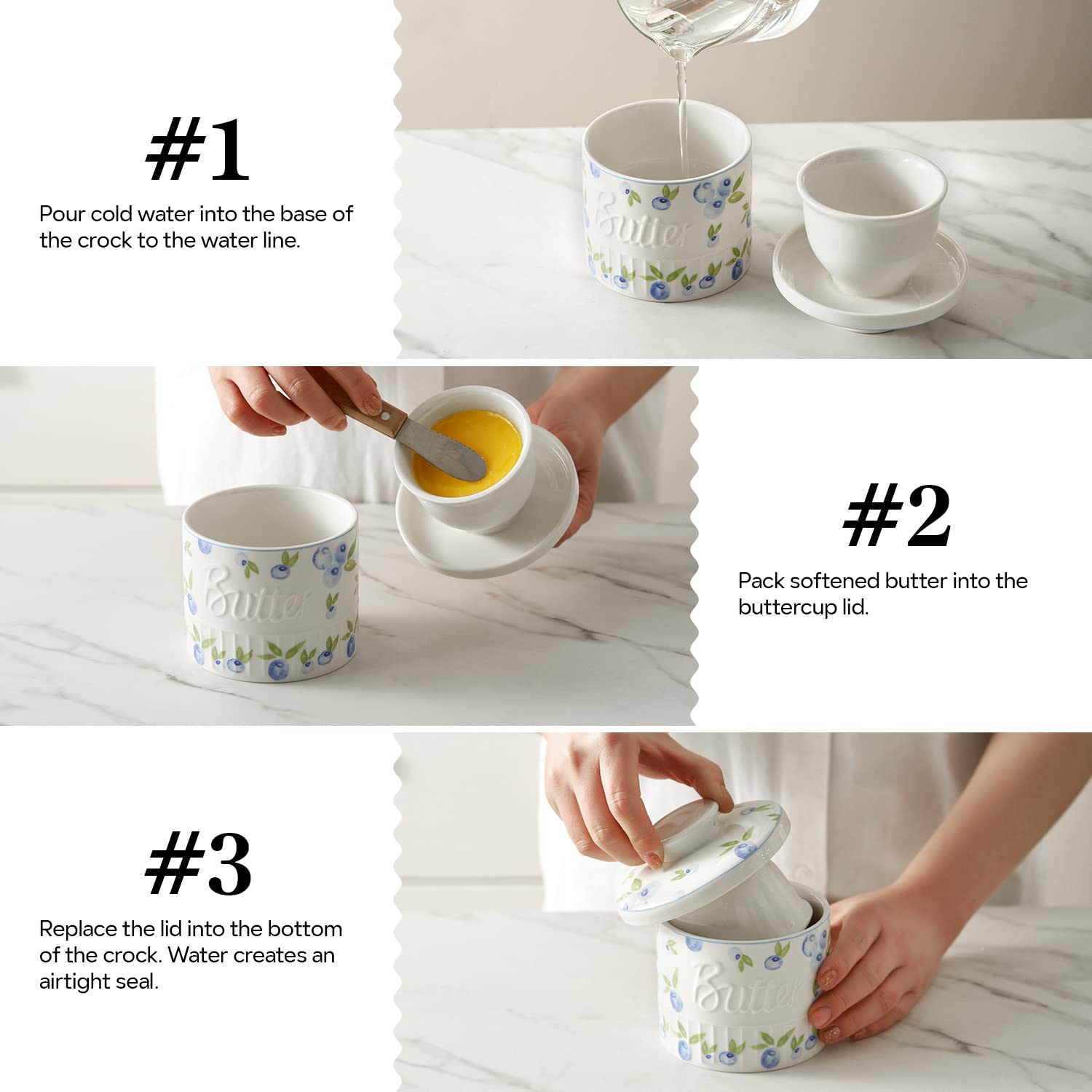 Toptier porcelain butter crock offers durability and a chip-resistant surface.