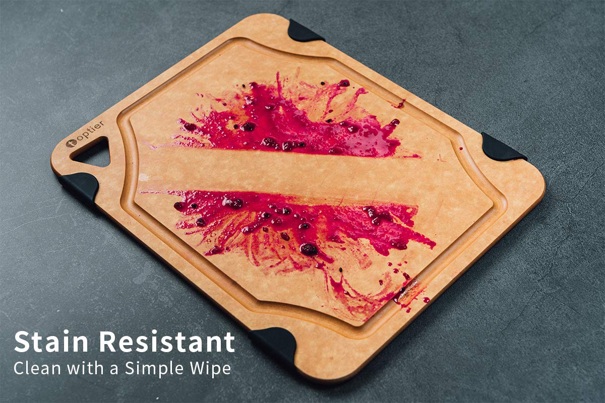 Toptier board features non-slip silicone corners for stable chopping on any counter