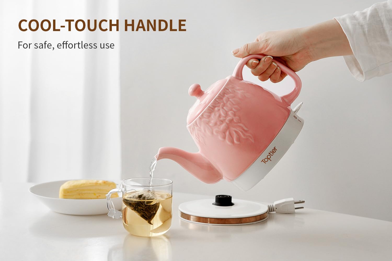 Toptier electric tea kettle 1L capacity for rapid heating.