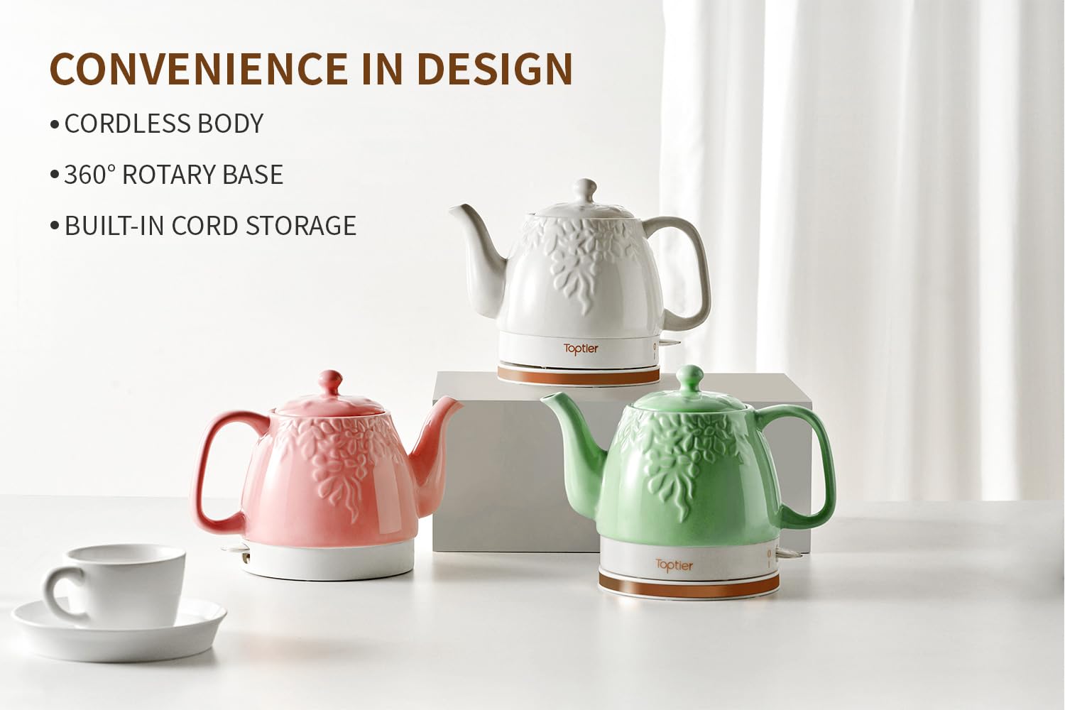 Toptier electric tea kettle cordless pour with safety features.