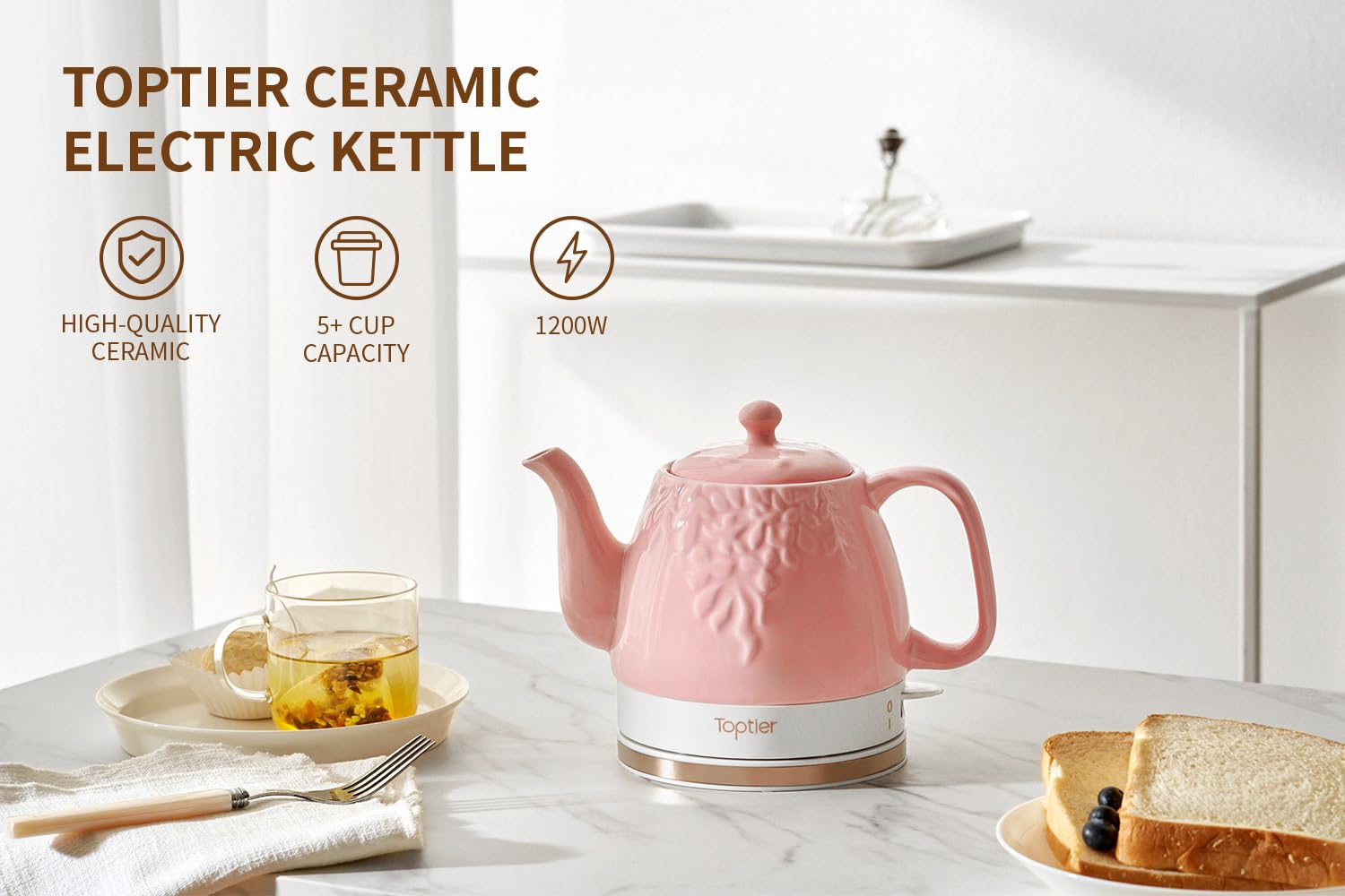 Toptier electric tea kettle detachable base for cordless pouring and storage.