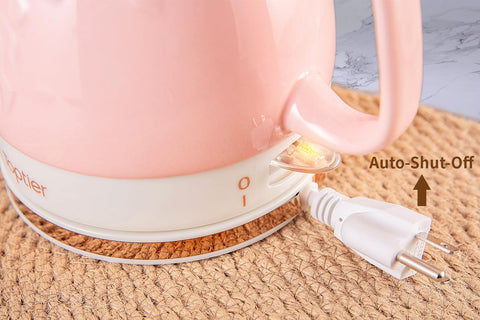 Toptier electric tea kettle light pink finish adds color to the kitchen.