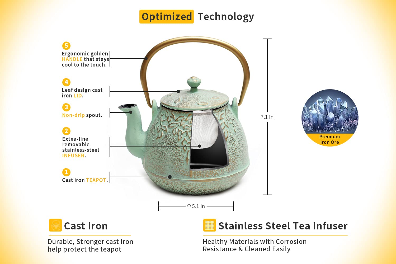 TOPTIER teapot enamel interior preserves flavor and simplifies cleaning.