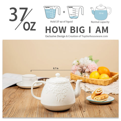 Toptier Leaf Teapot shows 37-ounce capacity ideal for 3–5 guests.