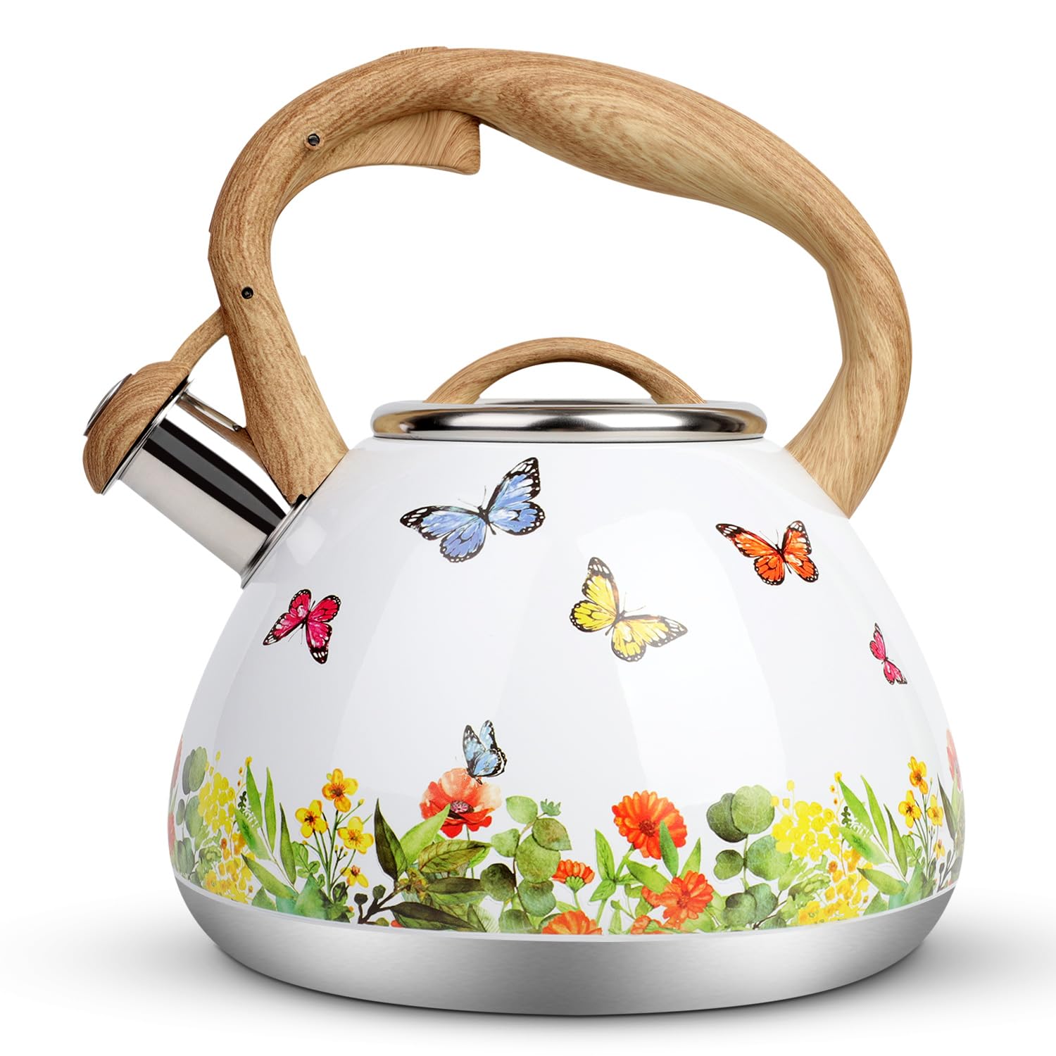 Toptier tea kettle front view with wood-pattern handle for safe pouring