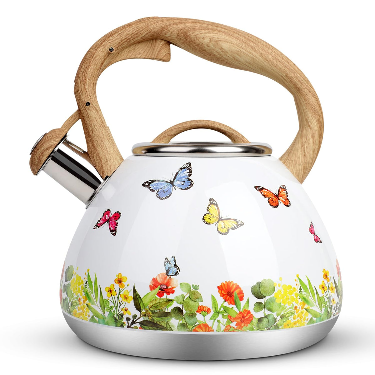 Toptier tea kettle front view with wood-pattern handle for safe pouring