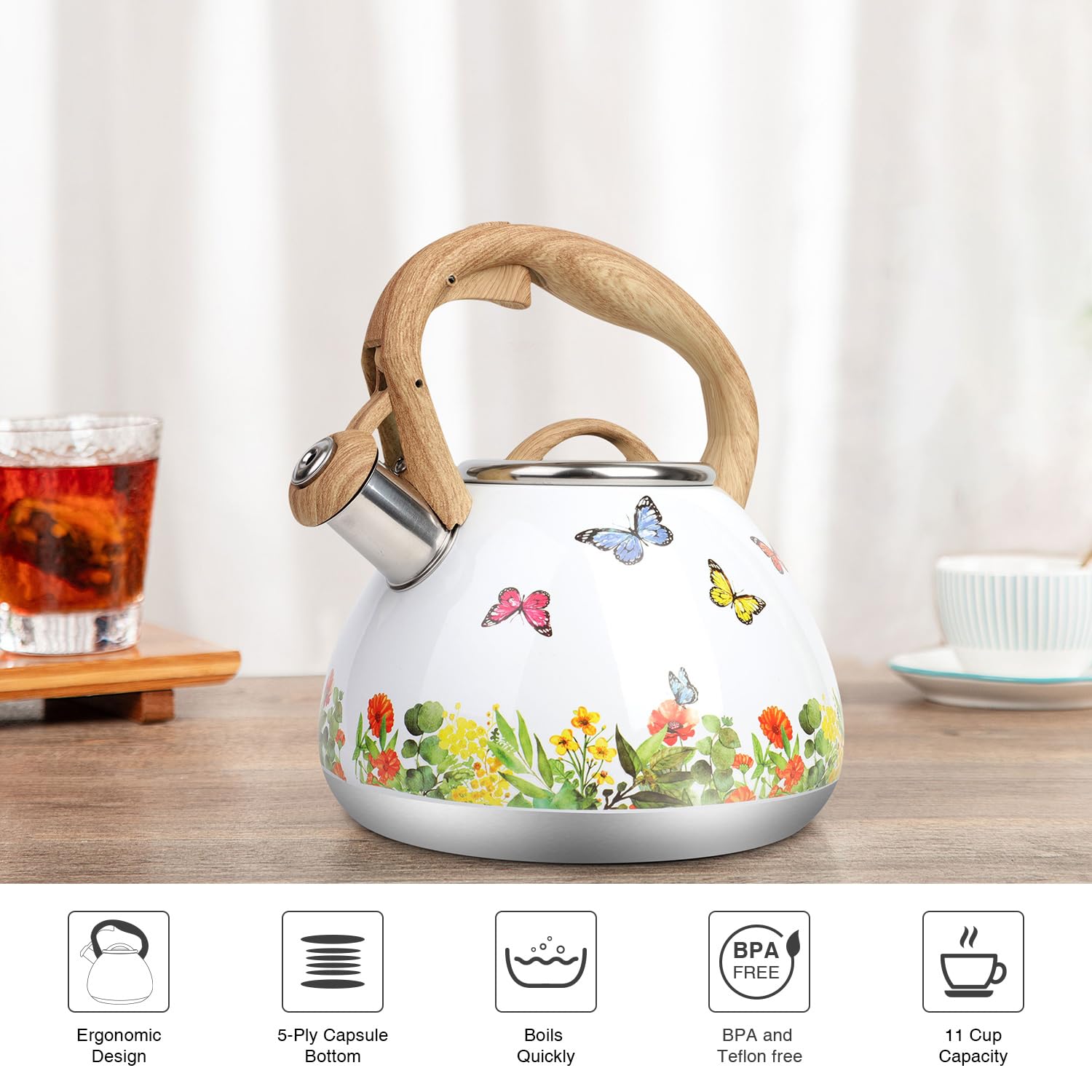 Toptier tea kettle whistling action shown during boiling on stove