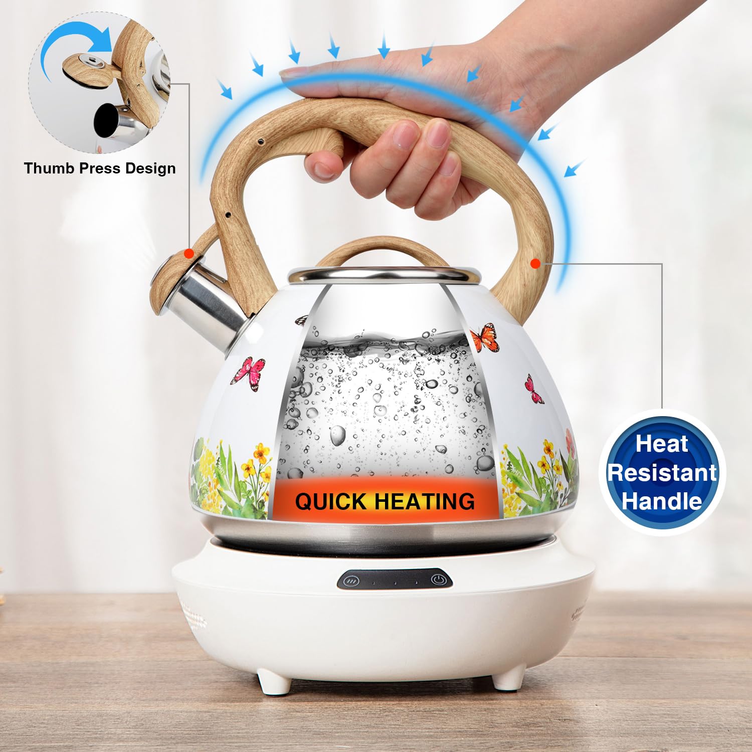 Toptier tea kettle wood-pattern handle close-up for comfortable, cool-touch pouring