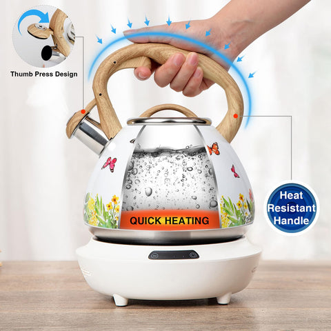 Toptier tea kettle wood-pattern handle close-up for comfortable, cool-touch pouring