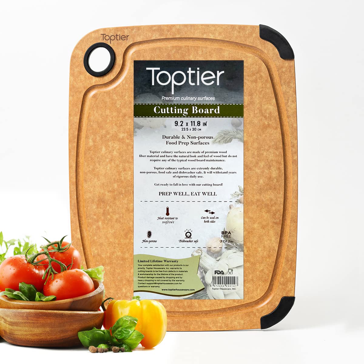 Toptier wood fiber cutting board 11.5x9.25 inch top view provides sturdy prep surface.