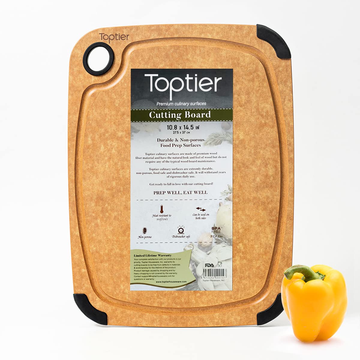 Toptier wood fiber cutting board with 14.5 x 11 inch surface for versatile prep.