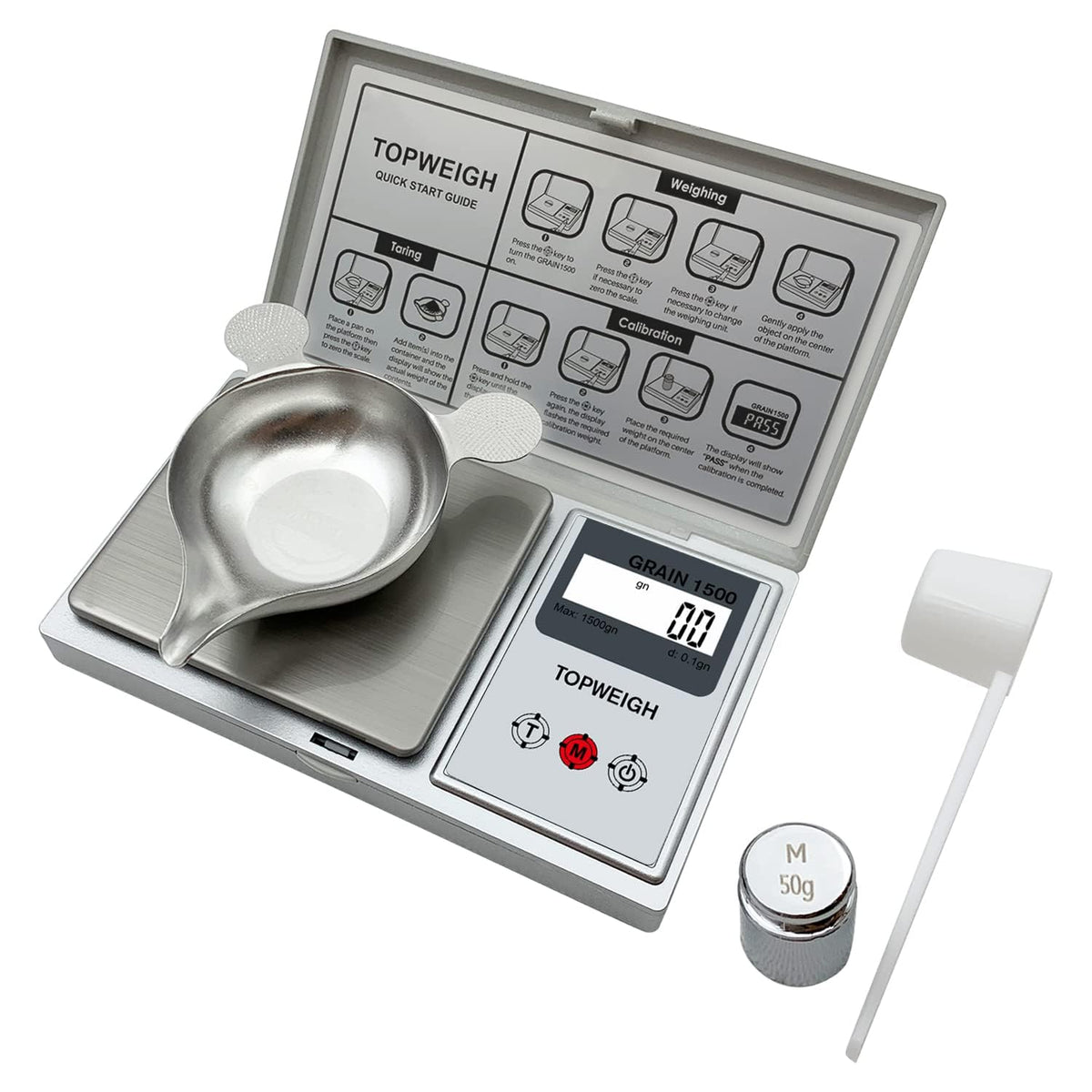 TopWeigh reloading scale with metal powder pan for accurate powder measurement.