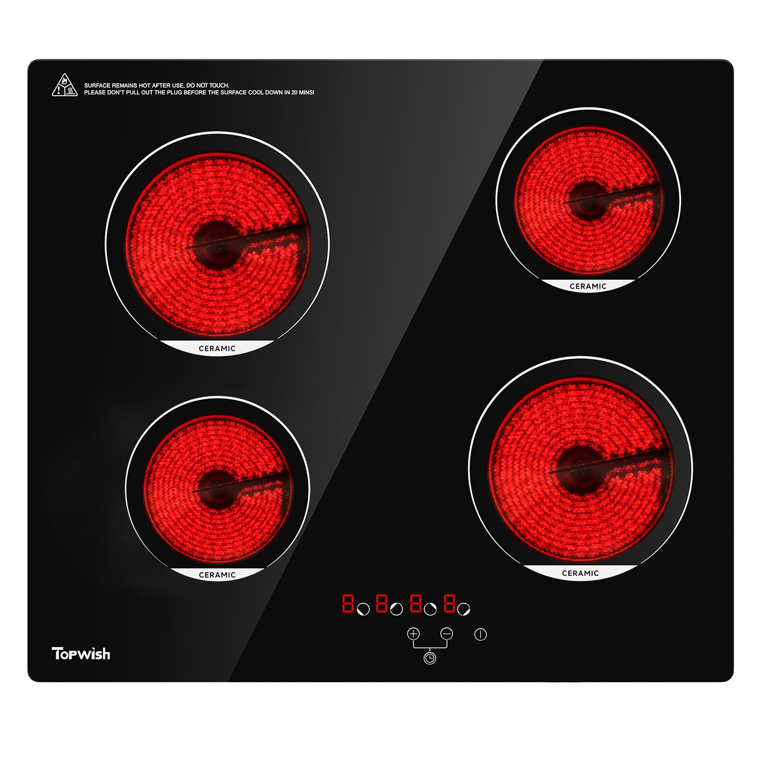 TOPWISH 24-inch electric cooktop front view with four burners and sleek black surface, modern design