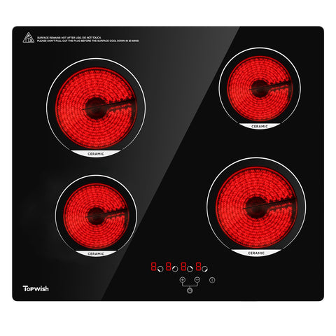 TOPWISH 24-inch electric cooktop front view with four burners and sleek black surface, modern design