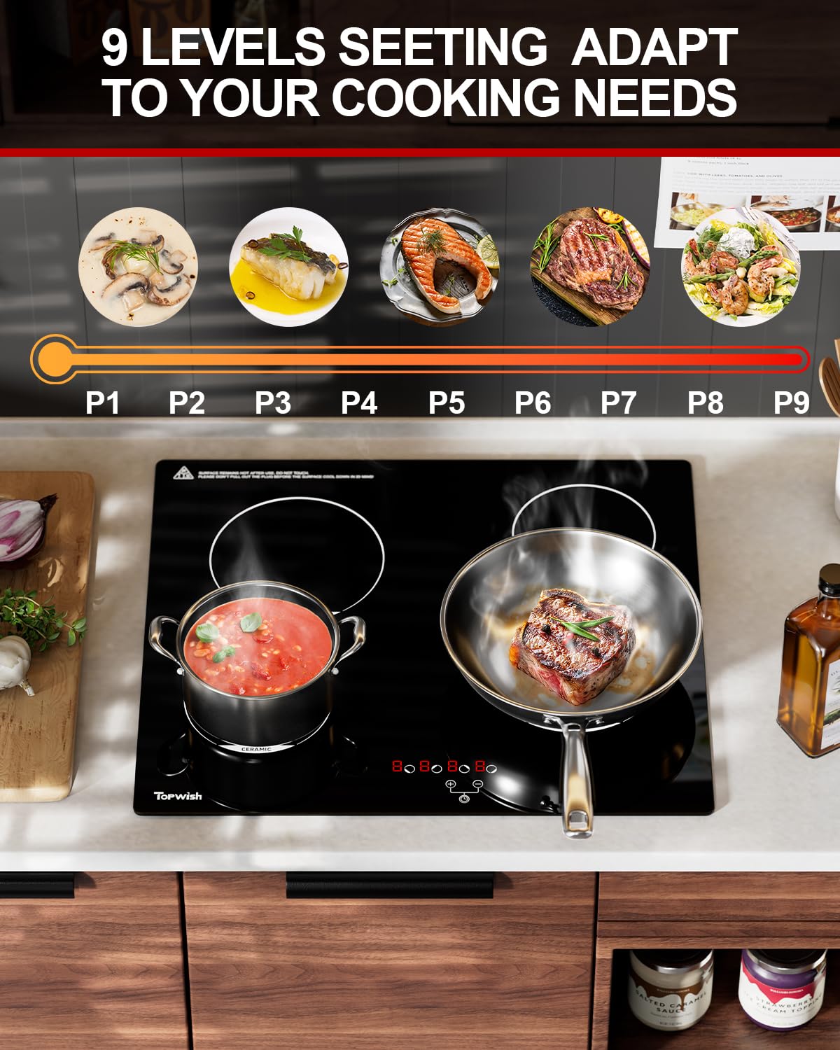 TOPWISH four-burner cooktop installed on a kitchen counter for seamless integration