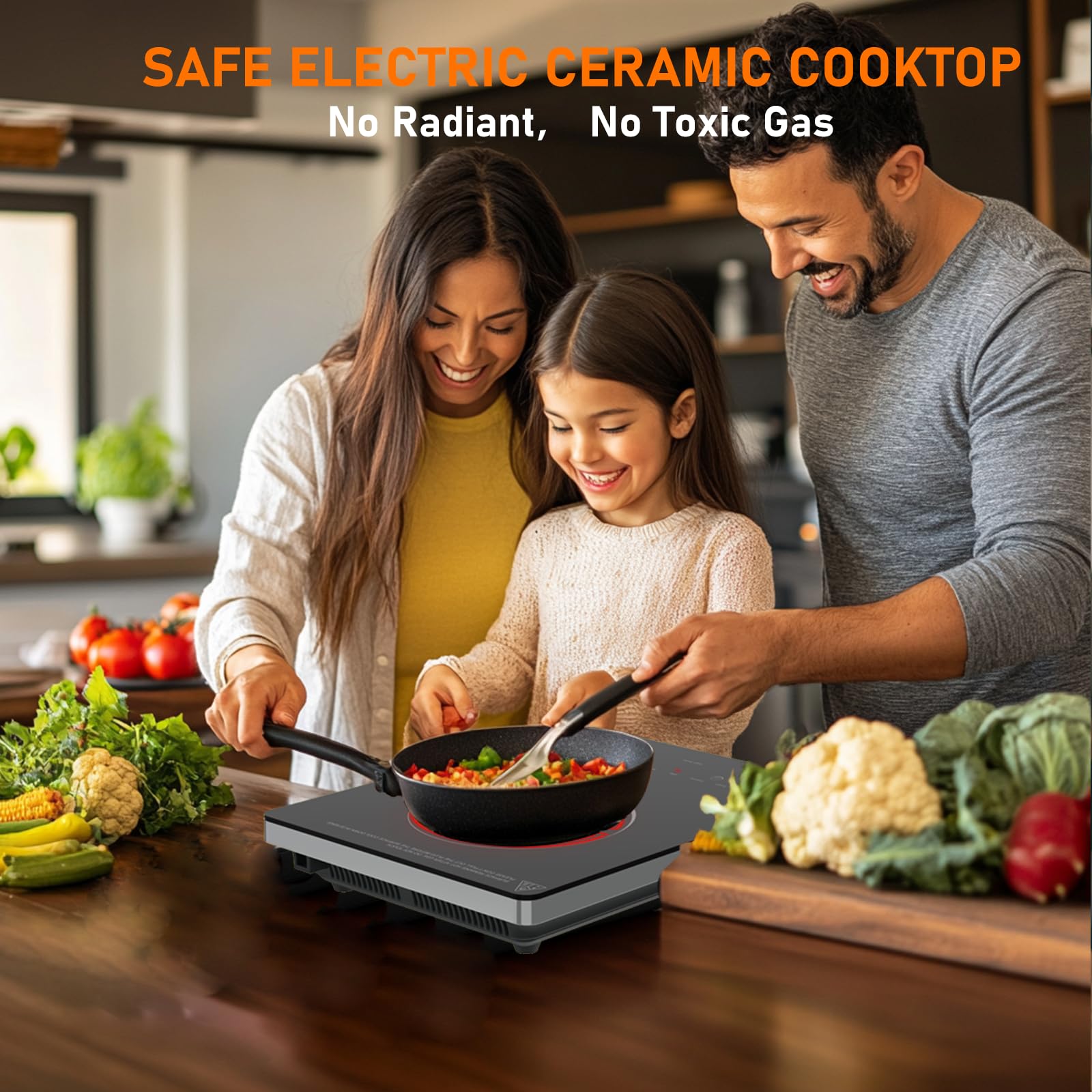 TopWish cooktop displaying six functions: Steam, Stir-Fry, BBQ, Warm, Hot Pot, Heating.