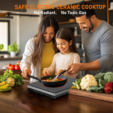 TopWish cooktop displaying six functions: Steam, Stir-Fry, BBQ, Warm, Hot Pot, Heating.